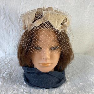 Vintage Netting Hat Taupe Ribbon 1960's